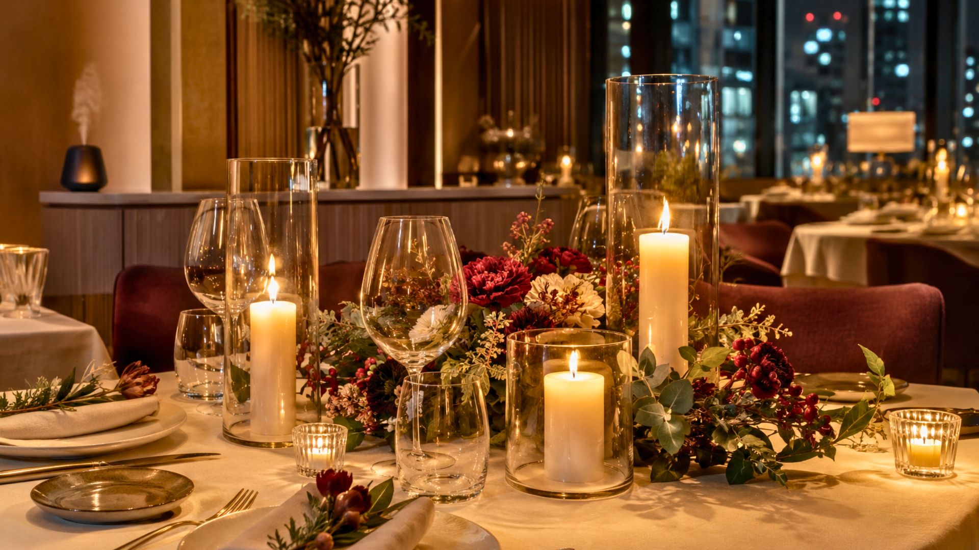 Aromatic candles and flowers enhancing a festive atmosphere